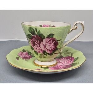 Vintage Royal Standard Teacup Saucer Green Pink Rose Floral Bone China England
